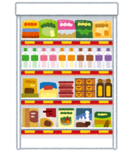 お菓子や飲み物が並ぶ商品棚のイラスト