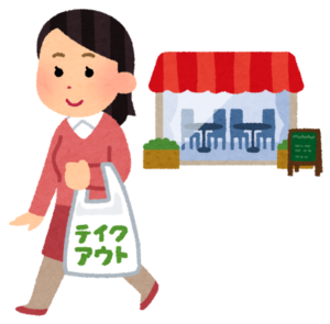 テイクアウトの袋を持って店を出る女性のイラスト