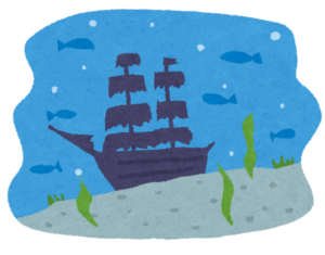 海の底に沈んだ帆船のイラスト