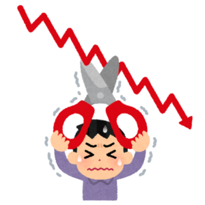 下がるグラフの前で損切りのはさみを入れられずに震える人のイラスト