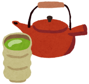 湯のみに入った緑茶と土瓶のイラスト