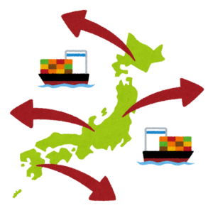 日本から各地へ品物を輸出するコンテナ船のイラスト