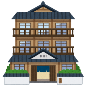 木造の温泉旅館のイラスト