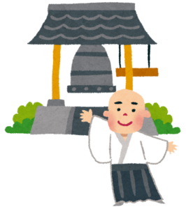 鐘楼の鐘を撞くお坊さんのイラスト
