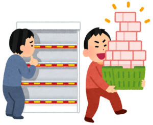 商品を大量に買い占める人と困っている人のイラスト