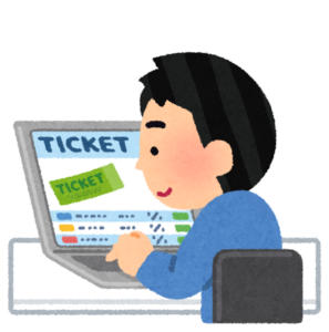 パソコンでチケットを購入する男性のイラスト