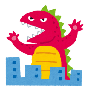 ビルの間に立つ赤い怪獣のイラスト