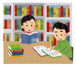 図書館で本を読んで調べものをする二人のイラスト